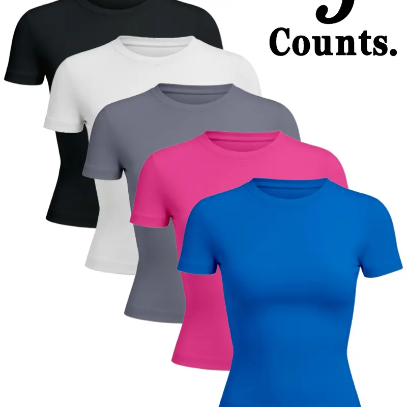 Women's Solid Color Round-Neck Sports T-Shirt, High-Elasticity Comfortable Breathable Fabric, Moisture-Wicking Slim-Fit Casual Short-Sleeve Active Top, Fitness Athletic Wear, Dry Fit Shirts, Stretchy Workout Top