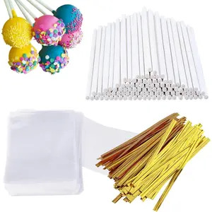 300 PCS Cake Pop Sticks and Wrappers Kit including 100 ct 6-inch paper lollipop sticks, 100 ct clear candy treat bags, and 100 ct gold twist ties for cake pops, lollipops, hard candies, and chocolate suckers