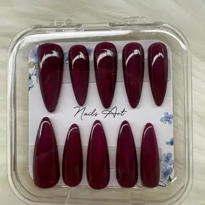 Natural Stiletto Long Blood Red Soft Cateye Nail