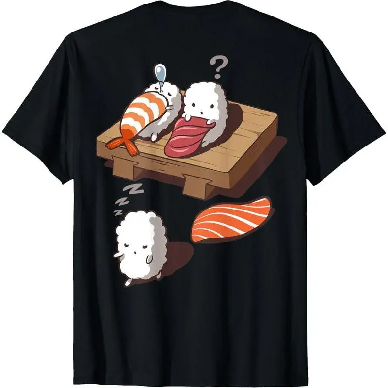 Men's 100% Cotton Short Sleeve Vintage Menswear Top, Distressed Look Streetwear T-Shirt with Playful Sleepwalking Nigiri Sushi Graphic, Casual Style