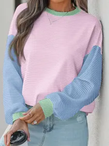 Plus Size Women's Colorful Striped Print Pullover Sweater Long Sleeve, Casual Fitted Knitwear for Fall & Winter, Moderate Fabric Thickness
