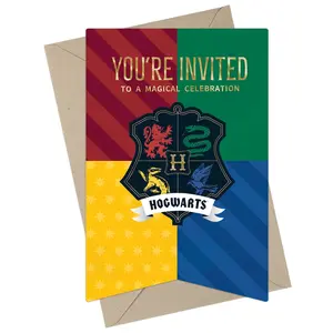 Harry Potter Hogwarts House Banners Fill-in-the-Blank Celebration Invitation & Envelope Box Set (20-Pack)