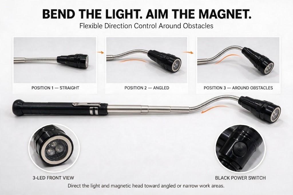 Extendable Magnetic Pickup Tool with LED Flashlight - Aluminum Alloy Telescoping Magnet with Flexible Neck, 22.6 Inches Extends Reach, DIY Tools for Auto Repair, Batteries Included, Ideal Gift for Men