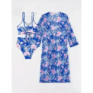 Women's 3-Piece Floral Print Bikini Set - High-Waist, Push-Up Padded Bra, Cover-Up, Blue Size Medium Sexy Beach Swimwear suit bathing swimsuit