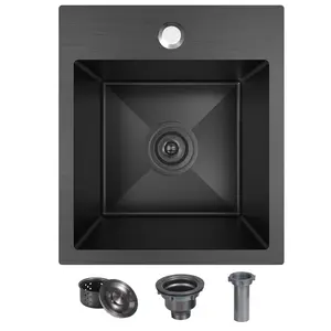 Drop In Kitchen Sink, Single Bowl 18 Gauge T-304 Black Stainless Steel Topmount Black Bar Sink with Sink Grid & Drain