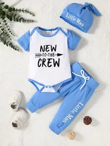 Newborn Baby's Letter Print Short Sleeve Bodysuit & Pants & Hat Set, Cute Casual Outfits Clothes for Infant Toddler Kids, Newborn Baby Gift Set, Matching Sets, Baby Clothing
