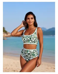 Women's Retro High Waist Bikini, Green Botanical Print with Scalloped Edge, Vintage Two Piece Swimsuit for Women, Summer Beach Pool Vacation Swimwear
