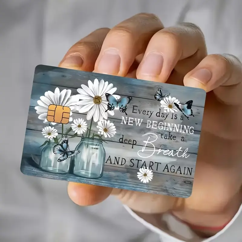 Daisy Butterfly Credit Card Stickers – 2PC Floral Debit Card Skins, Inspirational “Every Day Is a New Beginning” Design