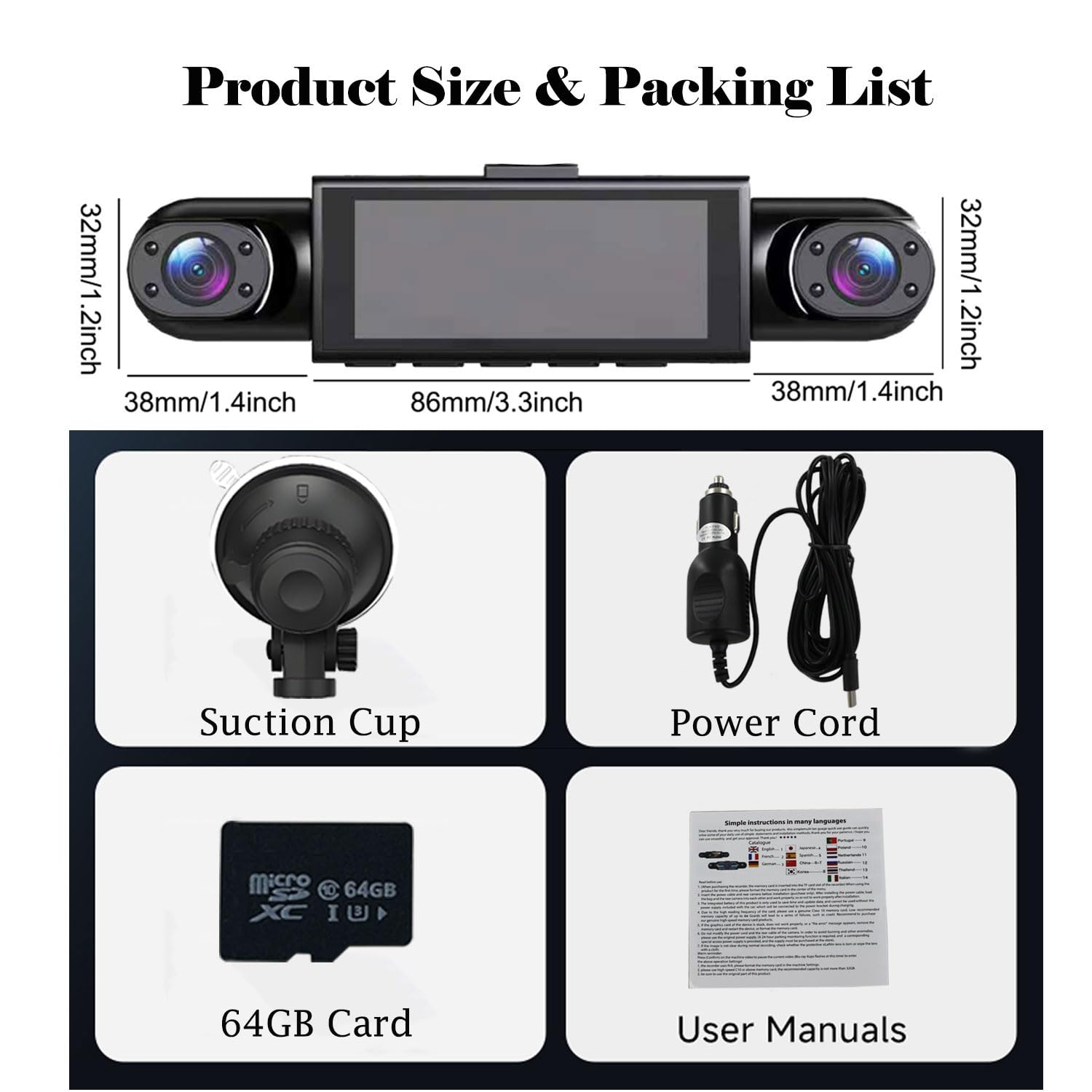 4K 1080P 4 Channel Dash Cam, Front Rear Inside Three Lens Car DVR with 3.16 Inch IPS Screen, 64GB Card Included, Parking Mode, G-Sensor, Night Vision, Loop Recording, HD Video Recording for Car Truck Vehicle