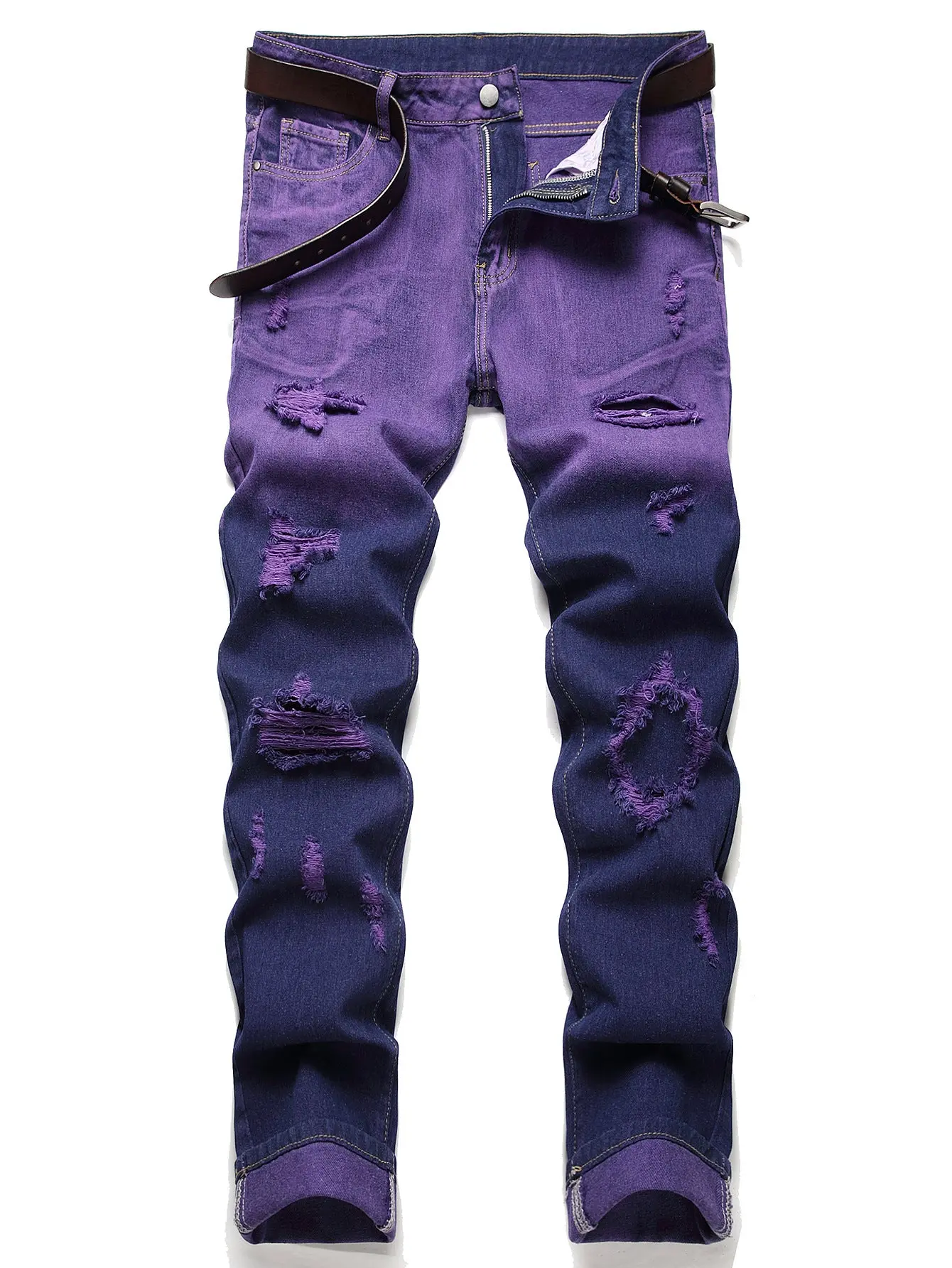 Menswear Cotton Mid-Waist Casual Gradient Ripped Jeans with Zipper Fabric, Streetwear, Denim, Distressed