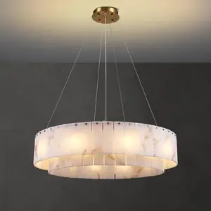 Modern Round Chandelier, D31 in Dining Room Light Fixture, Alabaster Living Room Chandelier Modern, Brass Drum Pendant Ceiling Light for Dining Room, Living Room, Bedroom Lights, Foyerentry, Kitchen