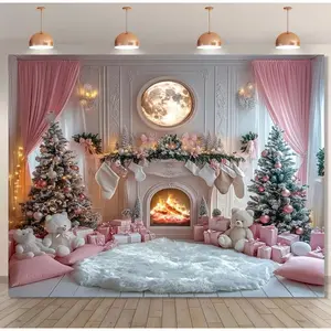 60inx40in Festive Polyester Christmas Tapestry Backdrop, Pink Fireplace Scene with Trees and Gifts, No Electricity Needed, Winter Holiday Party Decoration, Outdoor Christmas Decorations