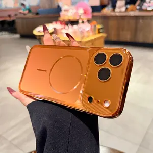 Chrome-Plated Orange Magnetic Phone Case for iPhone 17/16/15/14/13 Pro Max; New Mirror-Finish Premium Luxury 15PM Full-View Camera Lens Protector for iPhone 16 Pro; Protective Case for iPhone 14/13