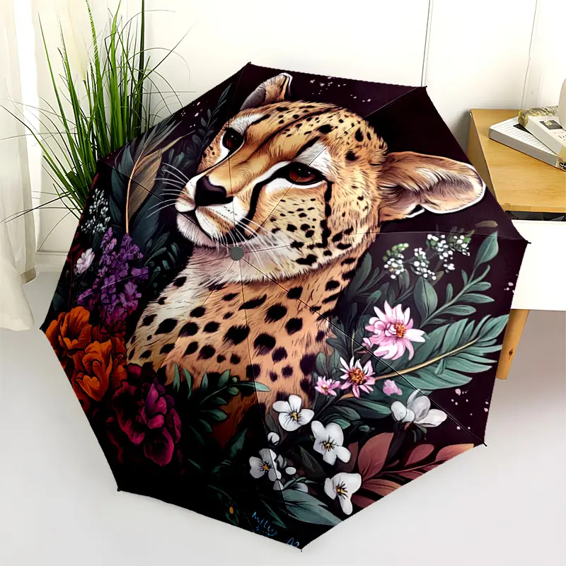 1 PC Automatic Folding Umbrella - Cheetah Floral Illustration Artwork Pattern, Portable & Foldable Design with 8 Ribs, Merry Christmas Pattern,Casual Outdoor Accessory Halloween and Christmas Birthday Gifts. C0014