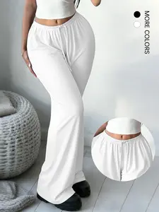 Women's Casual Solid-Color Lounge Pants, Elastic Waist Adjustable Drawstring Wide-Leg Trousers, Suitable For Streetwear And Home Leisure