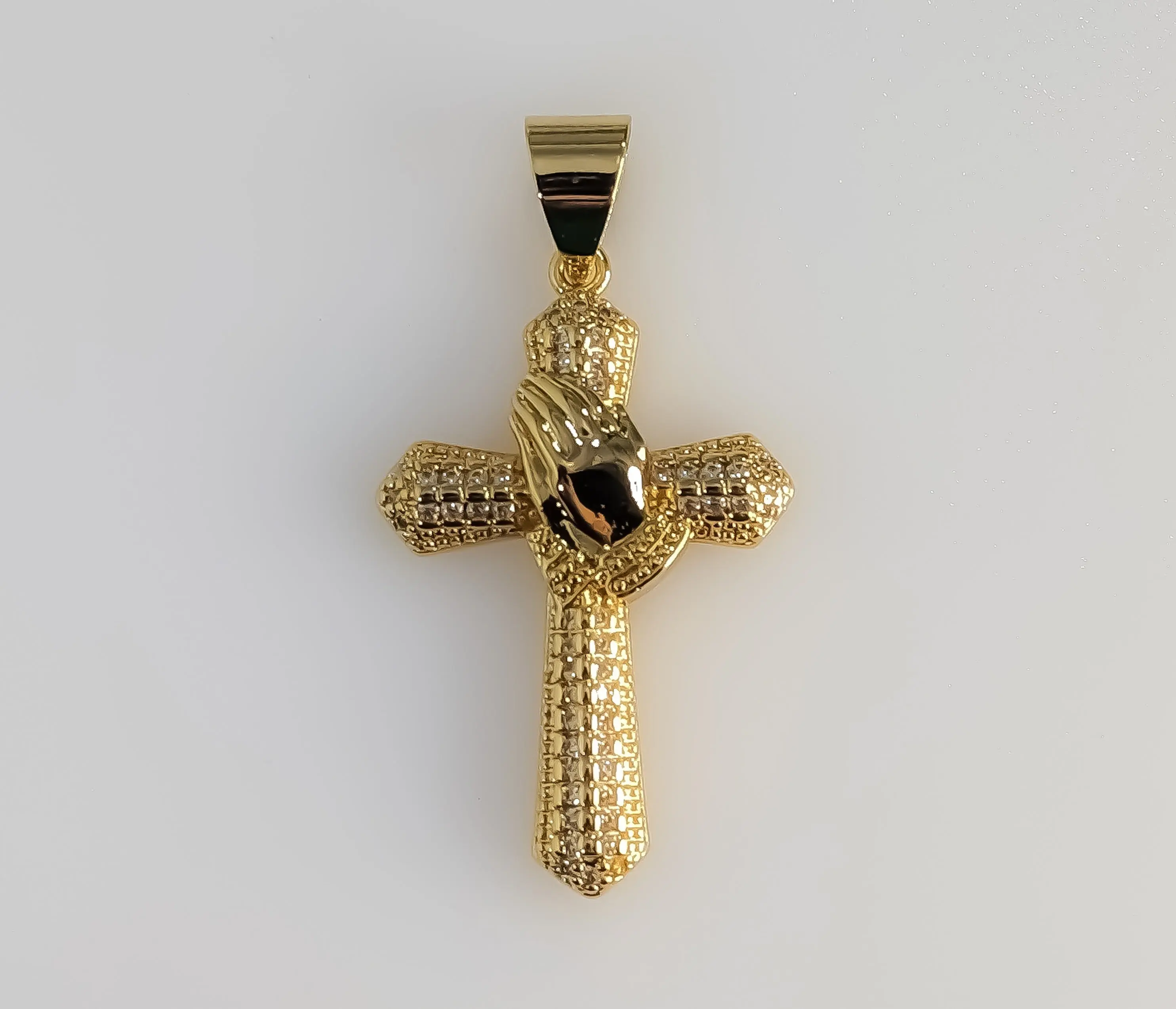 Plated Blinged Cross with Praying Hands Pendant