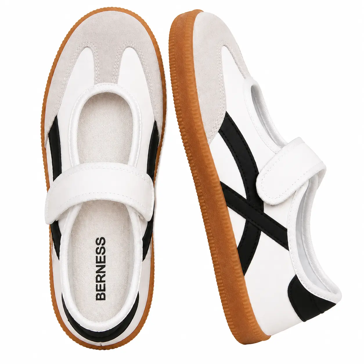 BERNESS Lorenzia Mary Jane Sneakers for Women, Retro Ballet Flats Shoes, Vintage Low Top Casual Sneakers, White Black Fashion Walking Shoes for Daily Wear