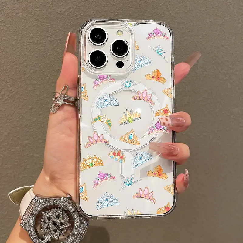 Soft Girl Magnetic Smartphone Case for iPhone 11/12/13/14/15/16/17 Pro Max, Princess Tiara Pattern, Lightweight, Drop-Resistant, MagSafe-Compatible Handheld Cellphone Devices | Ideal for Teen Girls