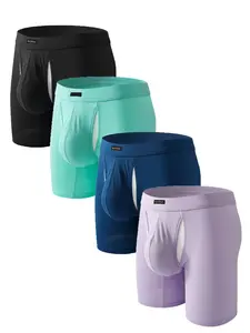 4-Pack Men's Long Anti-Chafe Sport Underwear, Colorblock Letter Waistband, Comfortable Breathable Seamless, All-Season Daily Wear
