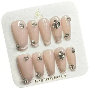 Y52 Pink cat eye with diamond embellished long wear nail removable press on nails