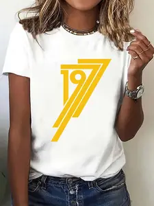 ‘1977’ Minimalist Number Graphic Tee - Modern Typography in Striking Yellow on White & Black,Summer personalized short-sleeved T-shirt - Simple style - Travel outfit.