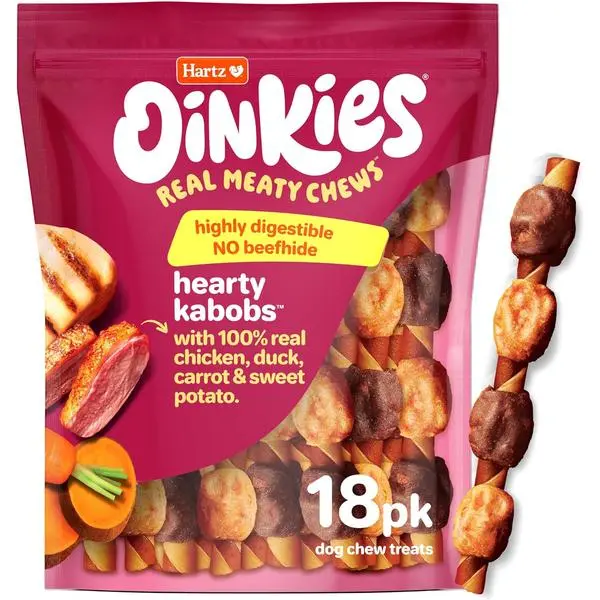 Oinkies Hearty Kabobs Rawhide-Free Dog Treats, High Protein Long-Lasting Chews with Real Chicken, Duck, Sweet Potato & Carrot, Highly Digestible Healthy Dog Snacks, 18 Count
