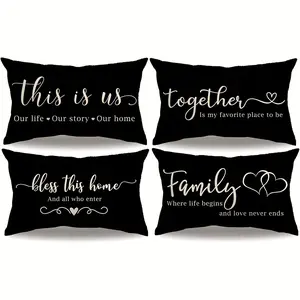 4pcs-Farmhouse Pillow Covers with Family Quotes - Rustic Inspirational Decor, Black & White Country, Home Décor Products, Cushion Cover Decoration for Couch Sofa, Room Decor and Bedroom Decor, Single Sided Printing, No Pillow Core