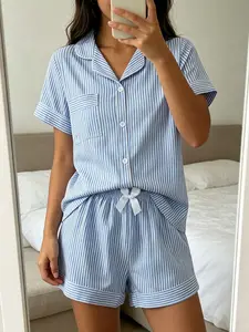 Women's Short Sleeve Pajama Set, Casual Loose-Fitting Sleepwear Loungewear, All over Print, Contrast Binding, Ideal for Summer Home Wear