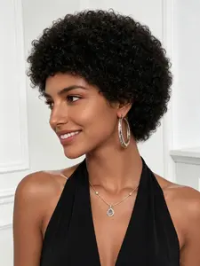 Short Human Hair for Women 1B# Afro Kinky Curly Textured Wigs Pixie Cut Bob Wig With Bangs 150% Density