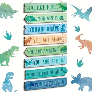 1 Set of Whimsical Dinosaur Wooden Wall Decoration Pendants - Wall Hanging Design, Unique Inspirational Quotes, Completed Language Decoration Set, Perfect for Bedroom/Living Room, Ideal Birthday/Christmas Gift, Easy to Hang Decorative Ornaments