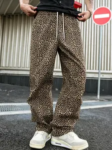 Men's Classic Leopard Print Drawstring Wide Leg Pants, Elastic Waist Casual Streetwear Y2K Baggy Trousers