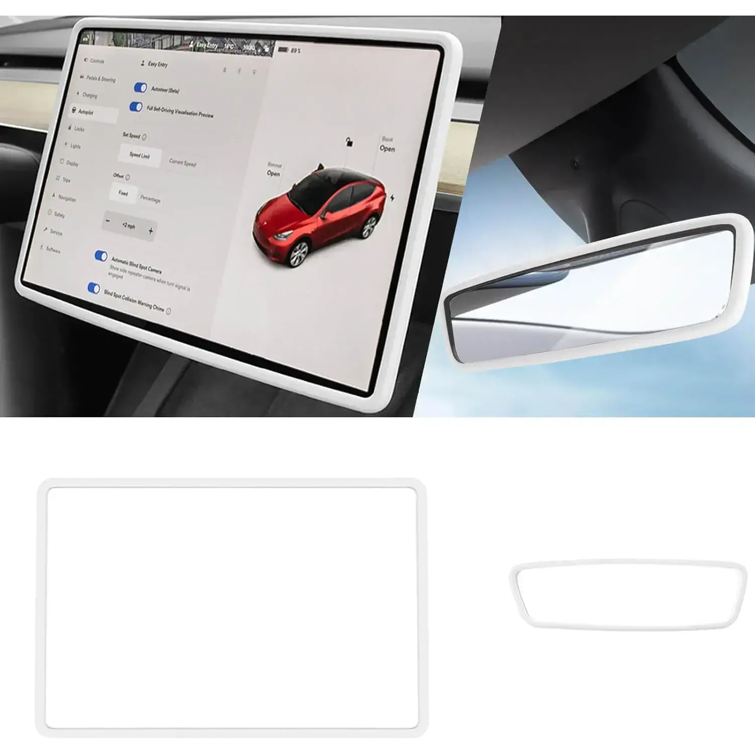 2Pcs Silicone Protector Frames of Screen and Rear View Mirror for Tesla Model 3 2017-2023 and Model Y 2019-Feb.2025.(White)