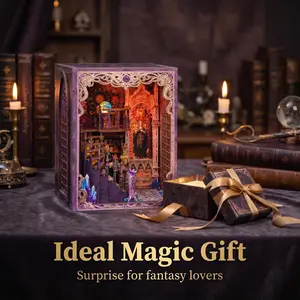 Tarot Society Book Nook Kit with Light, DIY Miniature House Kit, Wooden Handmade Puzzle Bookend, Decorative Model, Wooden Puzzle Dollhouse, Magic World Wooden House Kit, Light Gift for Adults