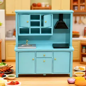 1:12 Scale Miniature Kitchen Cabinet with Sink & Stove, Dollhouse Furniture, Mini Cookware Set for Doll House Decor, Tiny Kitchen Playset Accessory