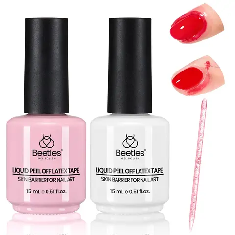 Beetles Stampready Liquid Latex Nail Art Peel-Off Cuticle Guard - 30ml Cosmetic, Gentle Drying Gel Manicure Skin Barrier, Odorless White Pink 2pcs (15ml Pink Included) with Plastic Care Stick