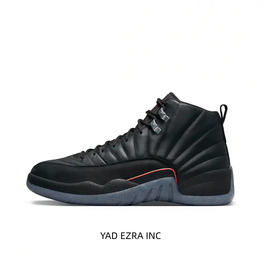 Supportive leather high-top athletic shoes with black upper, red trim and grey sole. Ideal for casual basketball practice and daily outdoor street wearing.