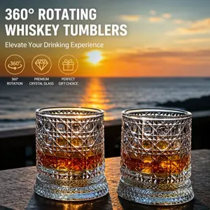 2pcs Luxury Embossed Diamond Pattern Rotatable Whiskey Glasses, Stylish Drinkware, High Gloss 360° Spinning Stress Relief Non-Tipping Tumblers Glassware for Home Living Room Bar Liquor Cocktails Parties Business Gifting Wedding Favors