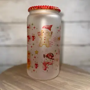 Gingerbread Iced Coffee Glass 16oz with Festive Design and Choice of Lid Perfect for Holiday Drinks Comes with Plastic & Stainless Steel Straw Hand Wash Only