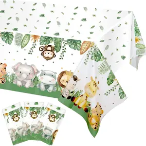 3Pieces Jungle Safari Tablecloths Animal Print Table Cover, Sage Green Baby Shower Decorations Zoo Birthday Party Supplies for Boys Kids Plastic Table Cloth 108×54 Inch Ornaments