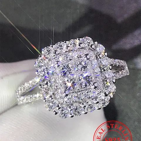 S925 Sterling Silver Luxury Gorgeous Square Shaped Rhinestone Decor Ring with Box, Elegant Exquisite Jewelry for Women for Summer Party & Daily Wear, Elegant Exaggerated Ring