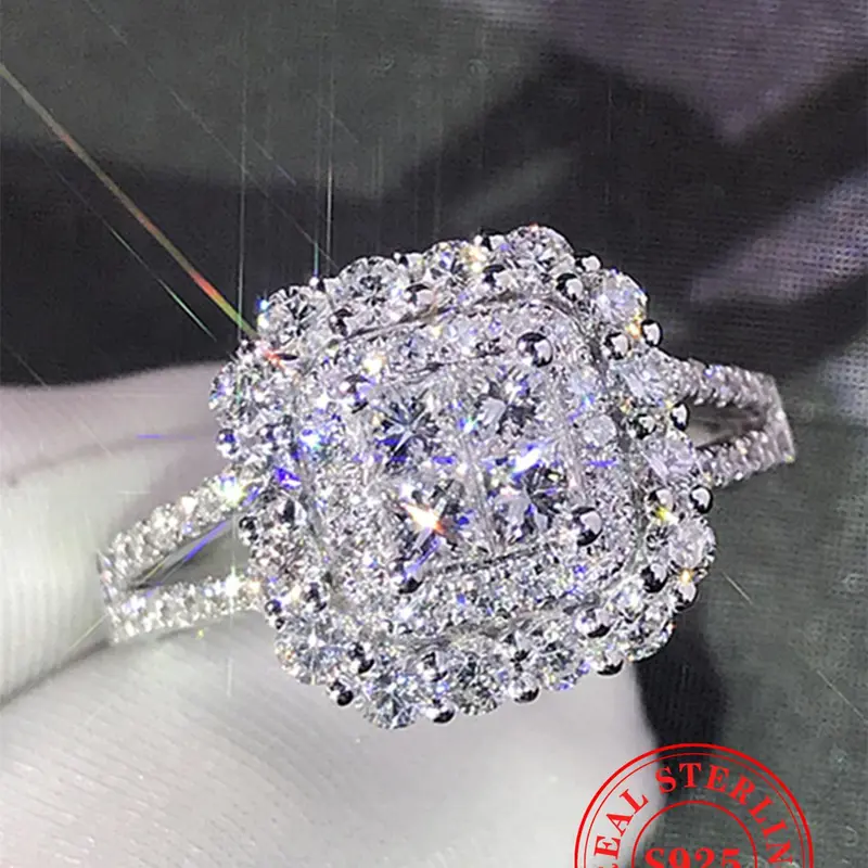 S925 Sterling Silver Luxury Gorgeous Square Shaped Rhinestone Decor Ring with Box, Elegant Exquisite Jewelry for Women for Summer Party & Daily Wear, Elegant Exaggerated Ring