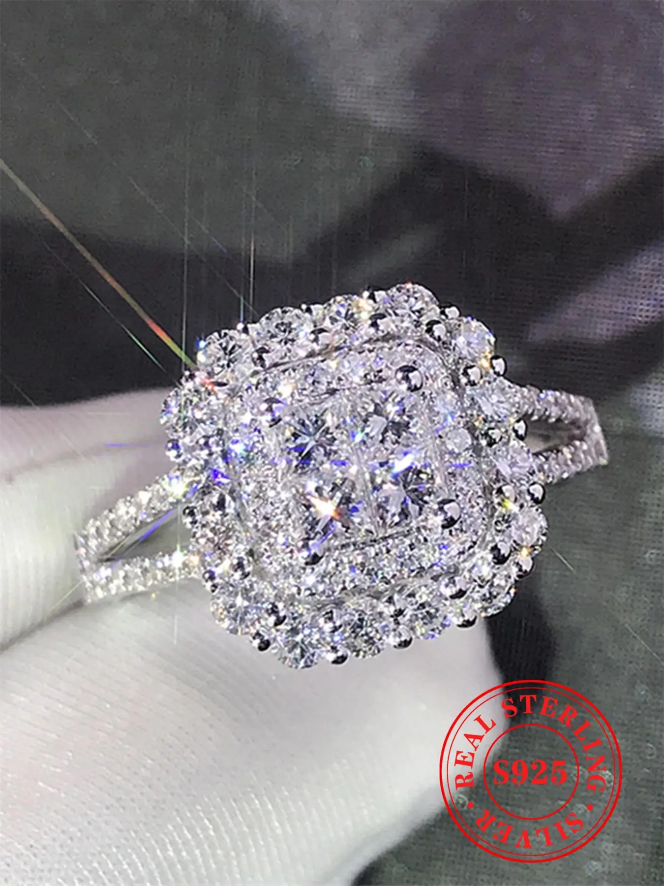 S925 Sterling Silver Luxury Gorgeous Square Shaped Rhinestone Decor Ring with Box, Elegant Exquisite Jewelry for Women for Summer Party & Daily Wear