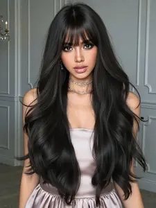 30 Inch Fashionable New Long Wavy Black Brown Synthetic Wig with Bangs for Women, Suitable for Ordinary Work, Life, Dance Parties and All Occasions