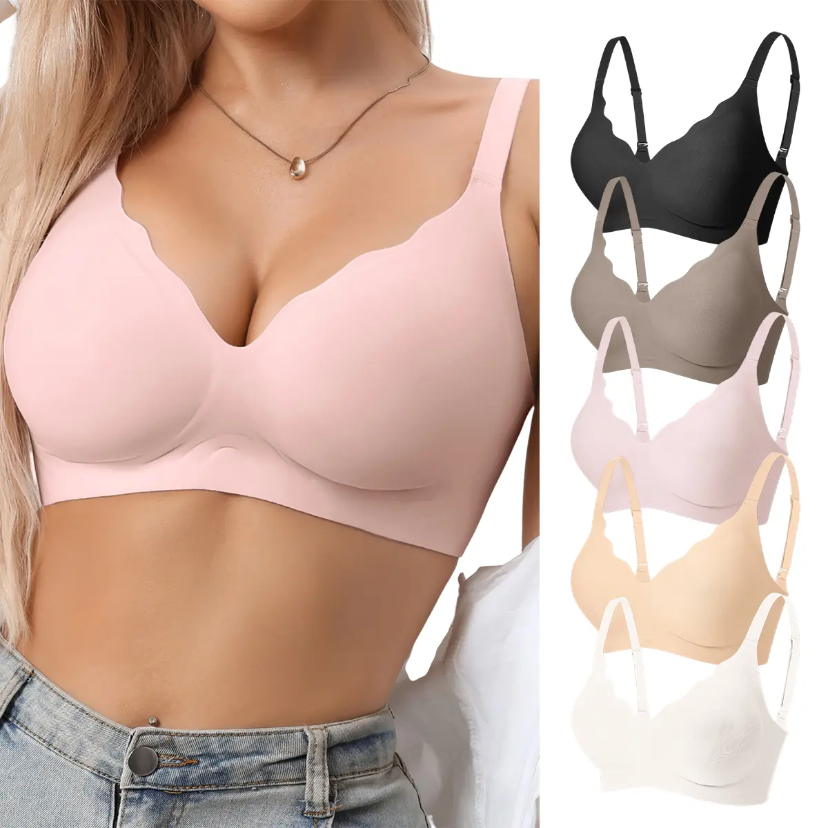 Women's 2-Pack Seamless Wirefree Jelly Everyday Bras, Wireless Nylon T-Shirt Bralette with Slight Push-Up, Adjustable Straps, U-Back & Hook-and-Eye Closure for Lightweight Everyday Wear