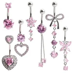 7 Pcs Pink Belly Button Ring Set, Featuring heart-shaped, bow, and butterfly designs, suitable for daily wear and fashionable styling, as well as body piercing accessories