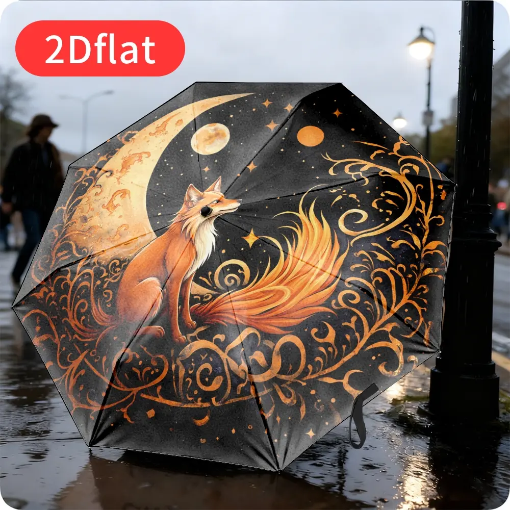 1 Korean-style Western-inspired fox and moon umbrella – K-drama inspired compact, telescopic 8-rib lightweight umbrella with reinforced strap and handle, featuring fox, stars, and moon design