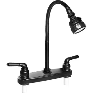 RV Kitchen Faucet,Camper RV Kitchen Sink Faucet Replacement with 2 Handles Flexible Spout 360 Swivel Rotatable Tri-Function Sprayer for Motorhomes,Travel Trailers,8 inch 2 Hole,Non-Metallic,Black