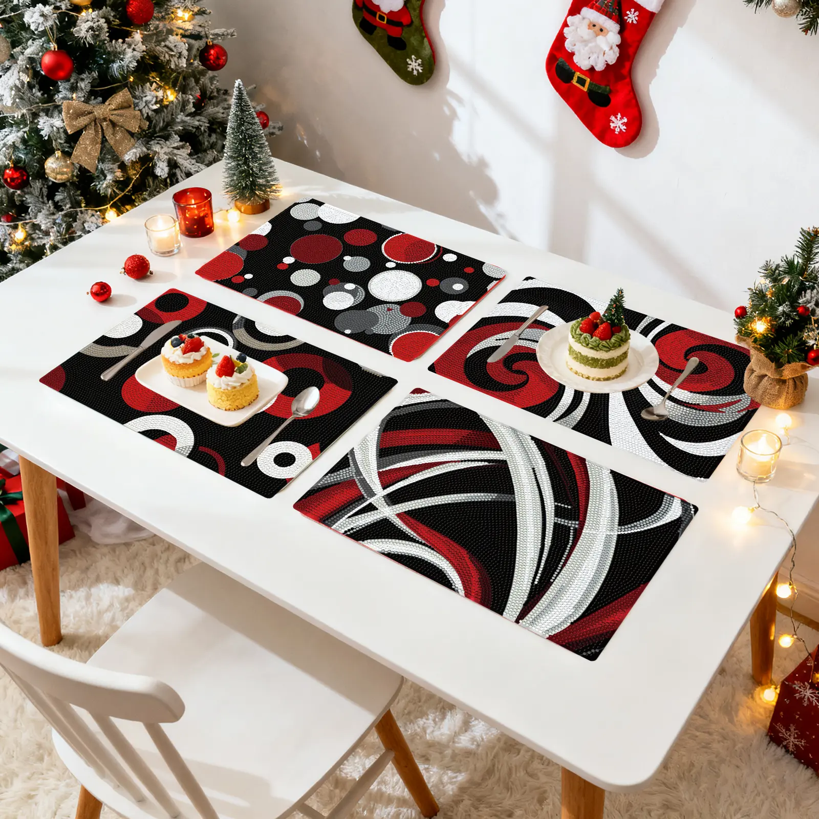 Resin Diamond Painting Kits - 4-Pack Christmas Geometric Placemats, 12x8in Red Black White Sparkle Durable Practical Heat-Insulation Mats, Color-Matched Diamonds, DIY Needlework Tools for Adults Beginners, Kitchen Decor, Birthdays, Aesthetic