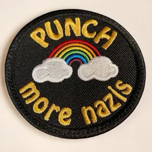 Anti-Fascist "Punch More Nazis" Embroidery Design Patches, Rainbow Clouds, Iron-On/Sew-On/Hook Backing, 3"x3"/4"x4" Sizes, Protest Gear Accessories