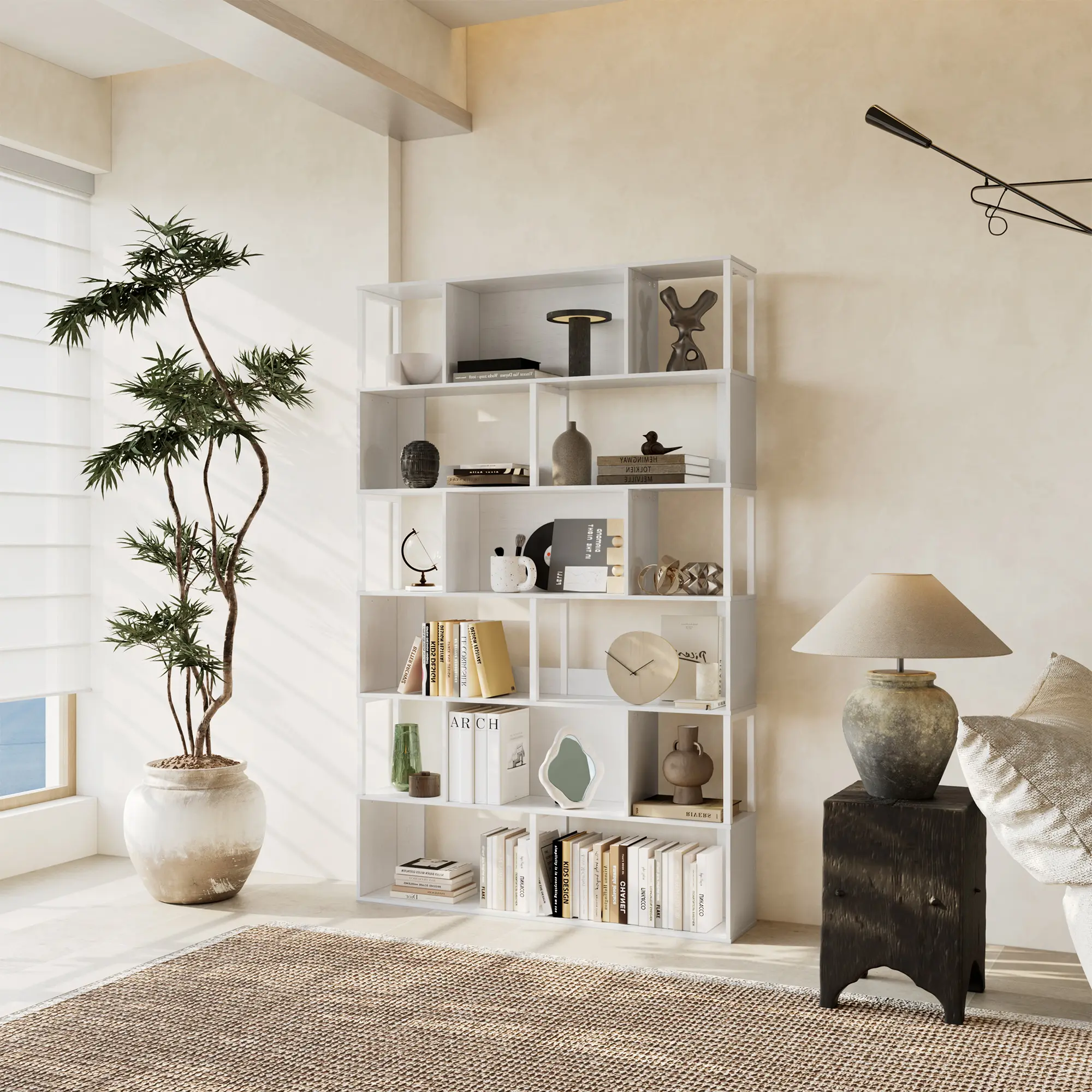 Garvee 6-Tier Tall Geometric Bookshelf, Mid-Century Modern Bookcase,Display Shelving Unit,Freestanding Room Divider with Anti-Tipping Device - for Living Room or Office, Apartment Studio Home, Divider Shelf, Display Stand, Organizer Unit, Modern Furniture